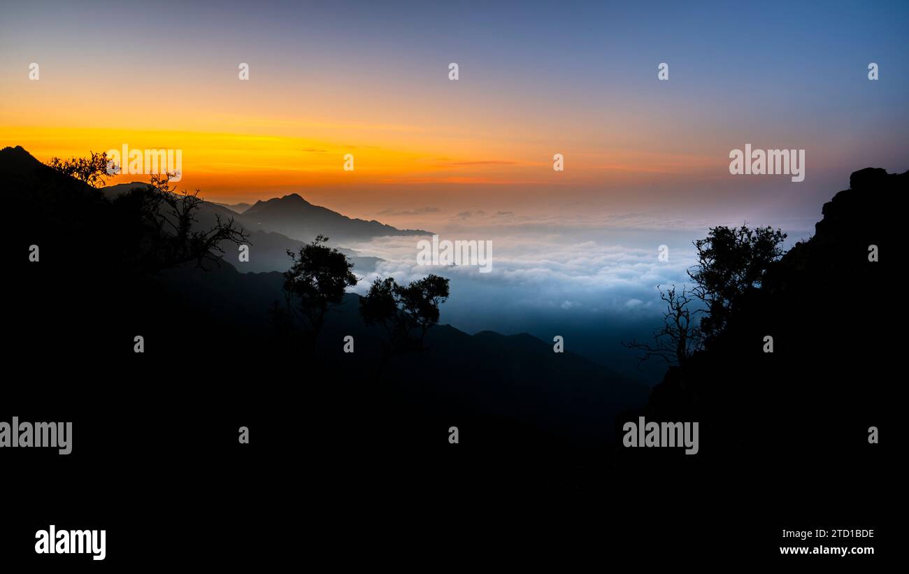 Sunrise from Jabal Aswad (The Black Mountain), Saudi Arabia. Stock Photo