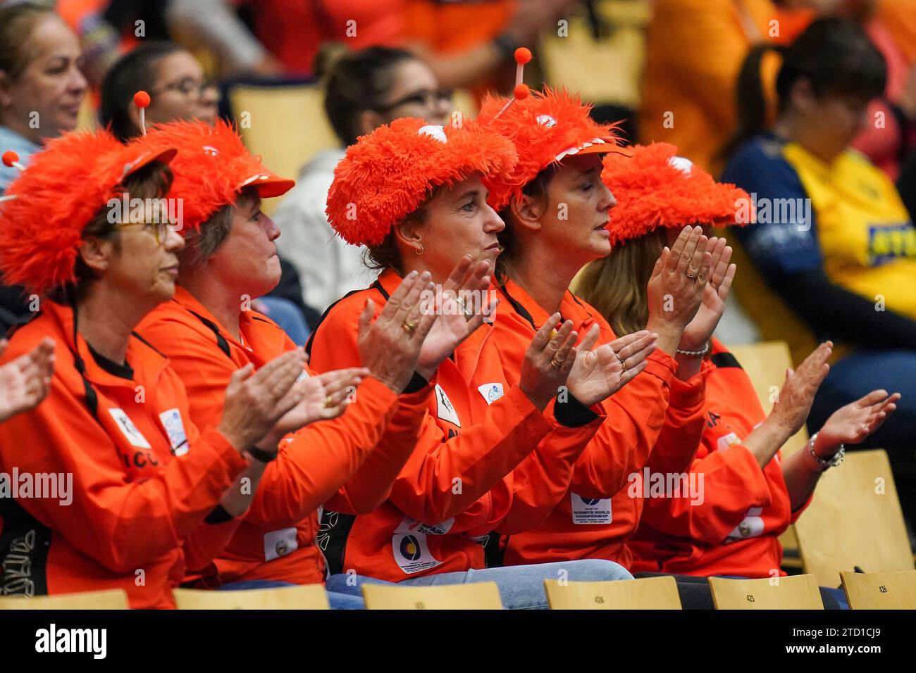 HERNING, DENMARK - DECEMBER 15: Fans of The Netherlands during the 26th IHF Women's World Championship Handball Final Round, 5-8 place match between Montenegro and Netherlands at Jyske Bank Boxen on December 15, 2023 in Herning, Denmark (Photo by Henk Seppen/Orange Pictures) Stock Photo