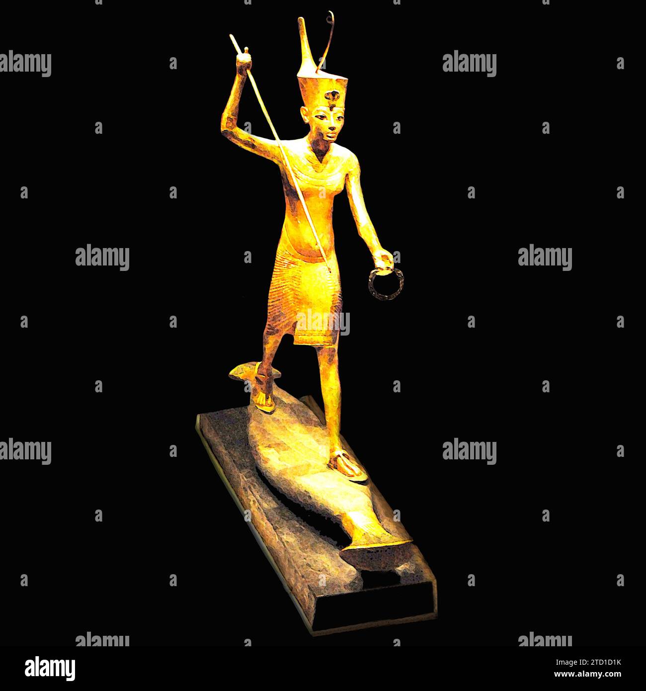 Art illustration inspired by the gilded, wooden statuette of Egyptian Pharaoh Tutankhamun standing on wooden boat, painted to represent a papyrus boat Stock Photo