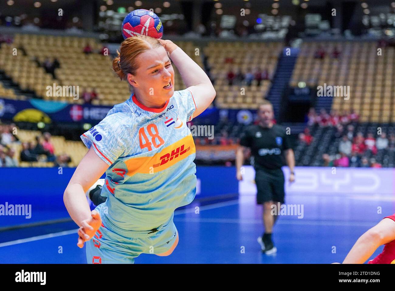 HERNING, DENMARK - DECEMBER 15: Dione Housheer of the Netherlands during the 26th IHF Women's World Championship Handball Final Round, 5-8 place match between Montenegro and Netherlands at Jyske Bank Boxen on December 15, 2023 in Herning, Denmark (Photo by Henk Seppen/Orange Pictures) Stock Photo