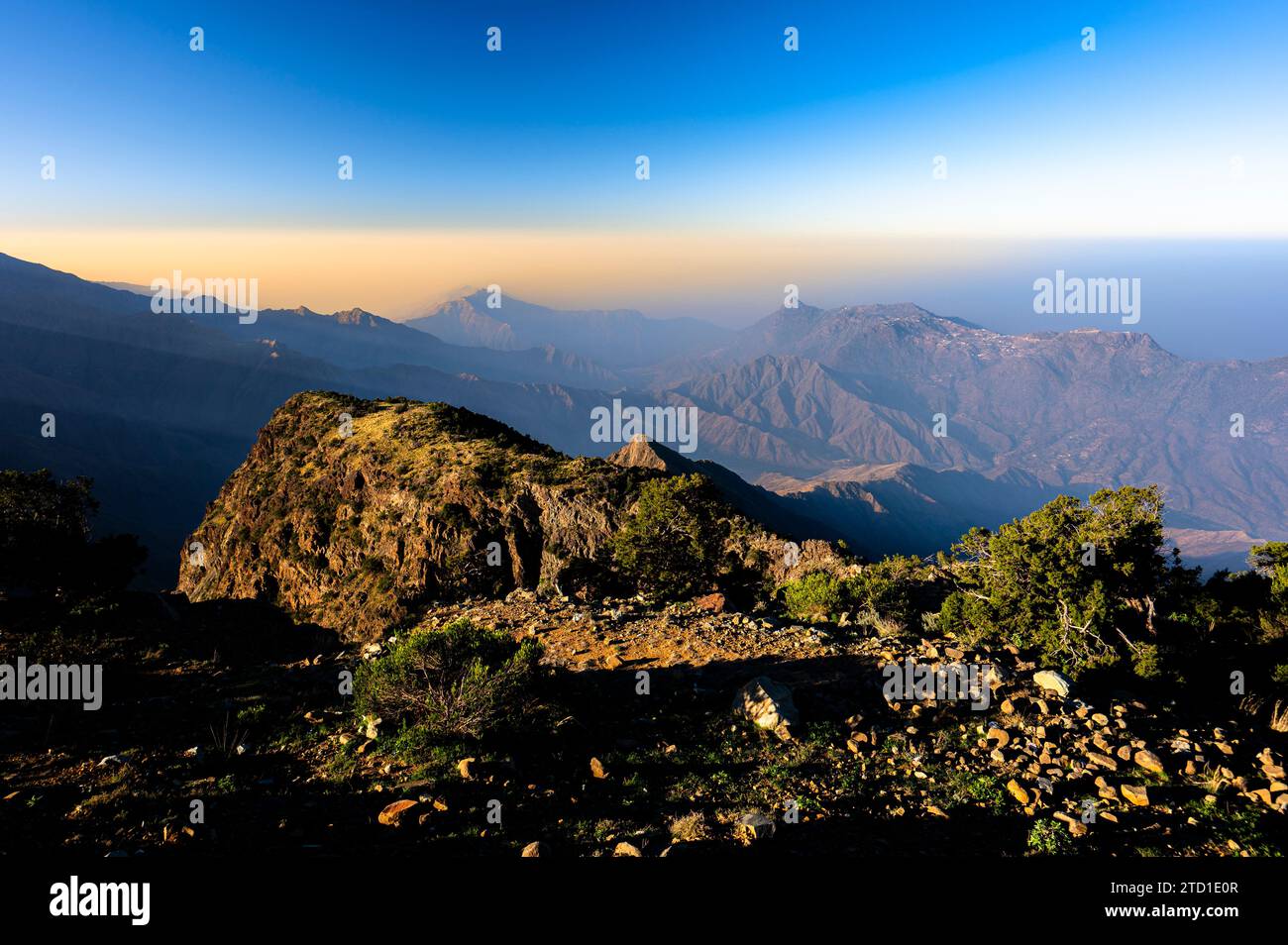 Discover the beauty of Saudi Arabia. Extraordinary landscape of the Asir Mountains, Sarawat mountain range in Billasmar area. Stock Photo