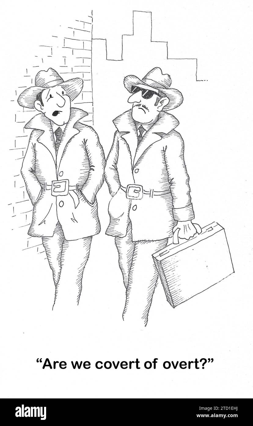 BW cartoon of two spies in disguise walking in the city.  One asks if this is a covert or over operation. Stock Photo