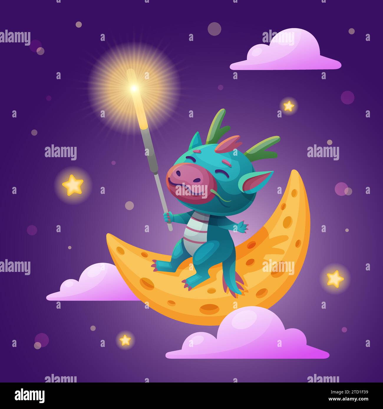 Chinese Dragon holding sparkler sits on the moon in the night sky. Cute