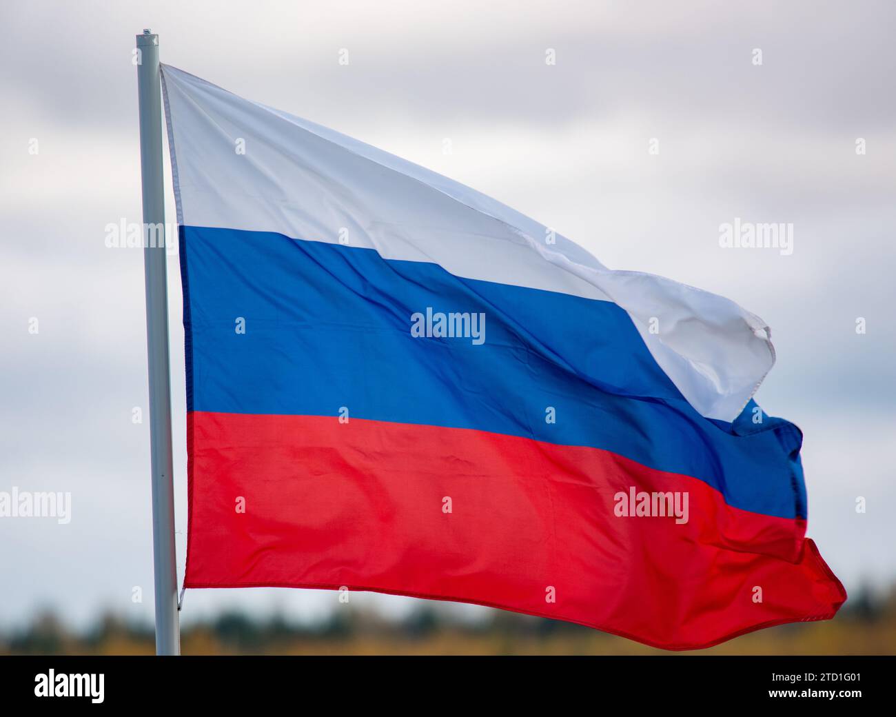 The white-blue-red flag of the Russian Federation is flying in the wind against a cloudy sky. Stock Photo