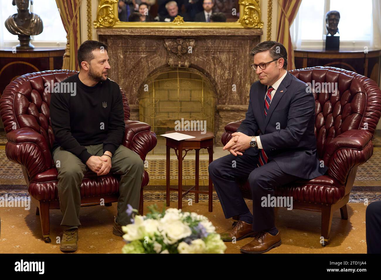 The President of Ukraine, Volodymyr Zelensky,  and his staff on a working visit to Washington DC. Here Zelensky meets with Speaker of the Huose Mike Johnson. Zelensky visited Capitol Hill, the White House and the International Monetary Fund. (Photographs: The Ukraine Presidential Office) Stock Photo