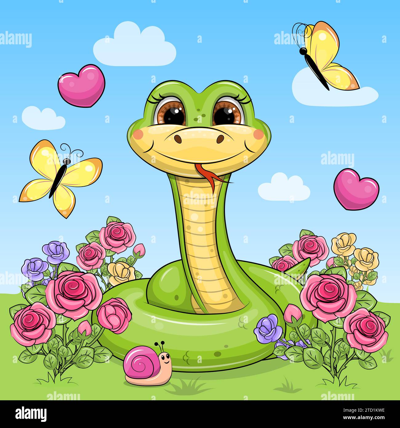 A cute cartoon green snake with a flower wreath and butterflies is sitting in the rose garden. Vector illustration of an animal in nature with flowers Stock Vector