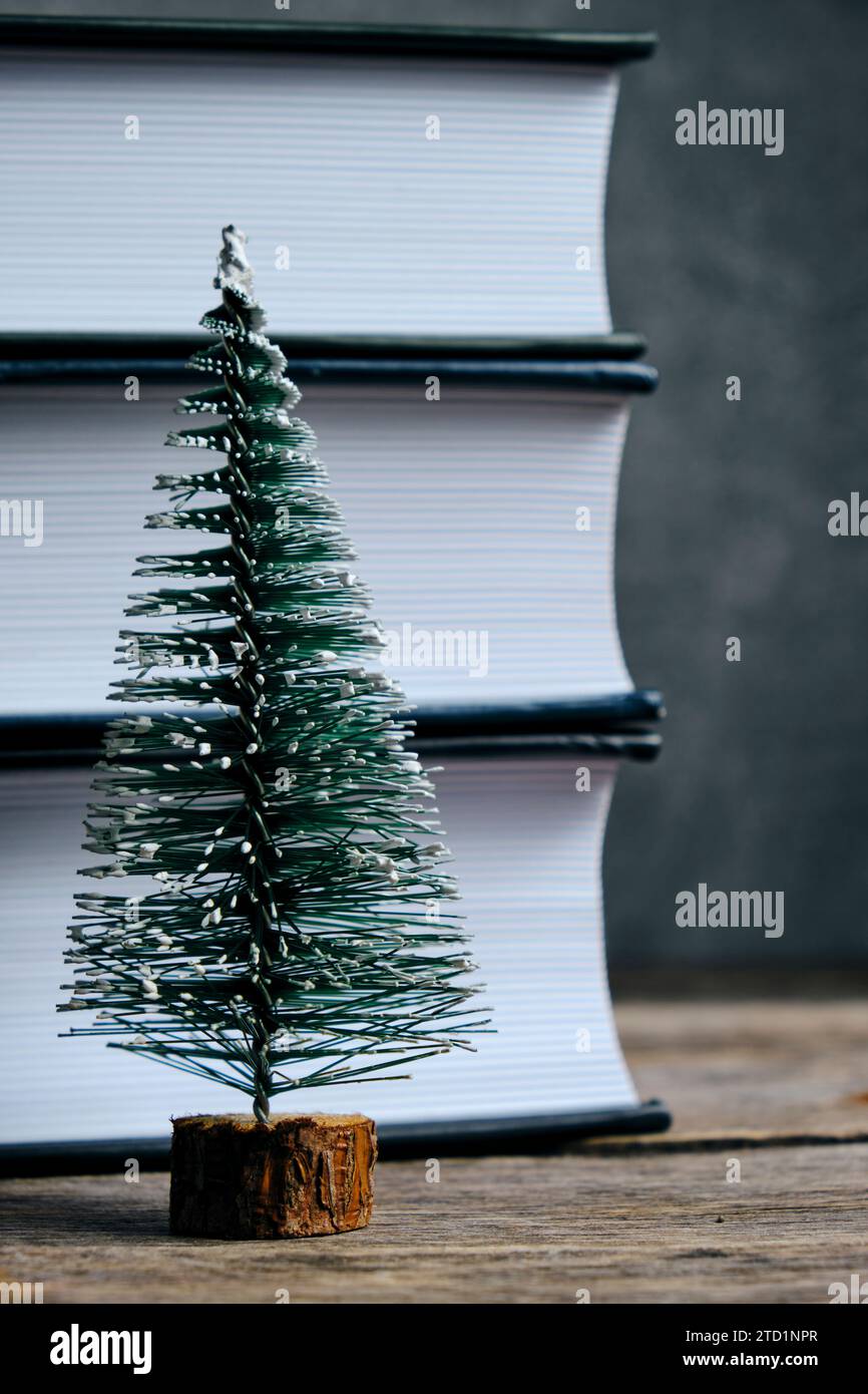 Small Christmas tree on the background stack books Stock Photo