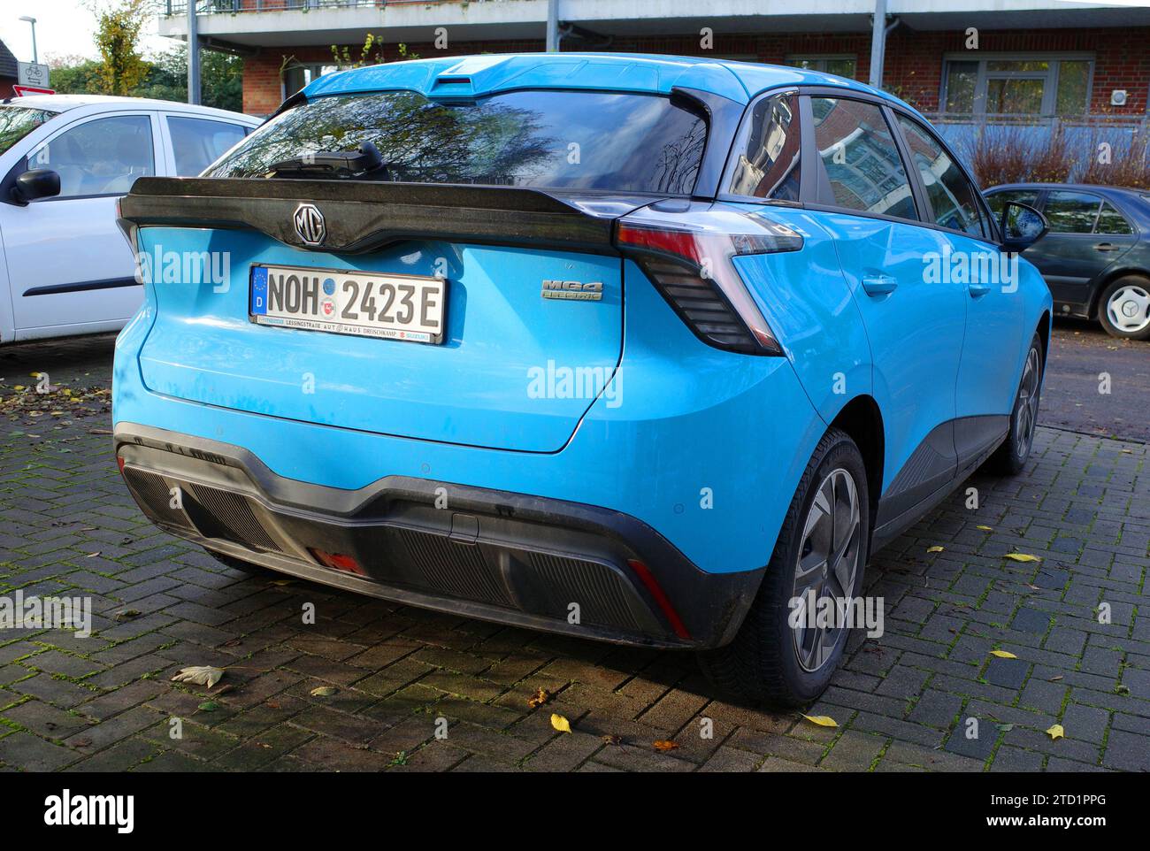 Uelsen, Germany, November 23 2023 An bright blue all electric MG is parked. It's the MG4. Stock Photo