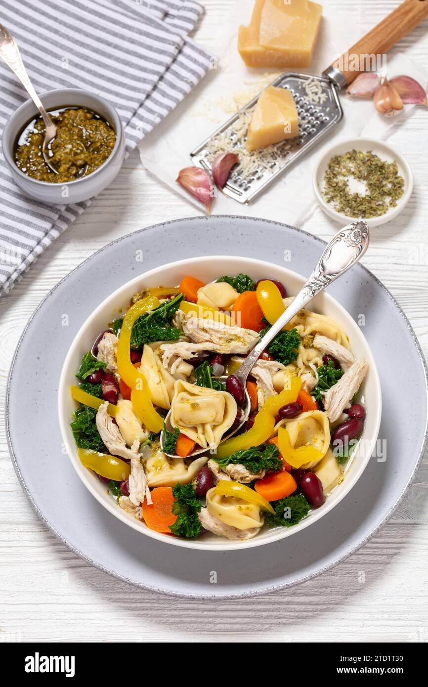 chicken minestrone soup with tortelloni and red kidney beans, kale and yellow bell pepper in