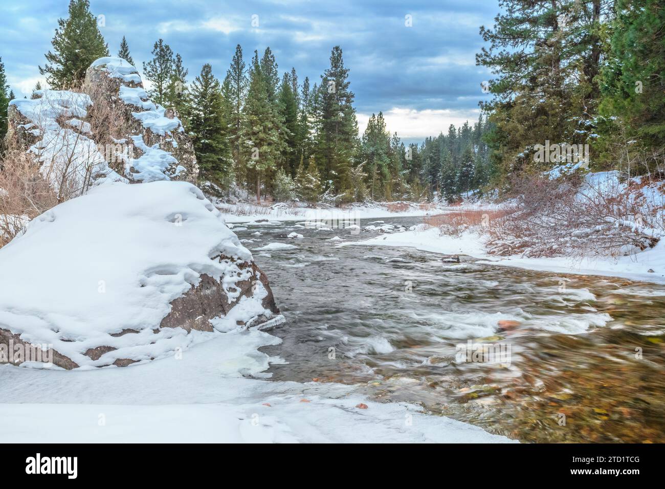 clearwater river entering the blackfoot river in winter near ovando