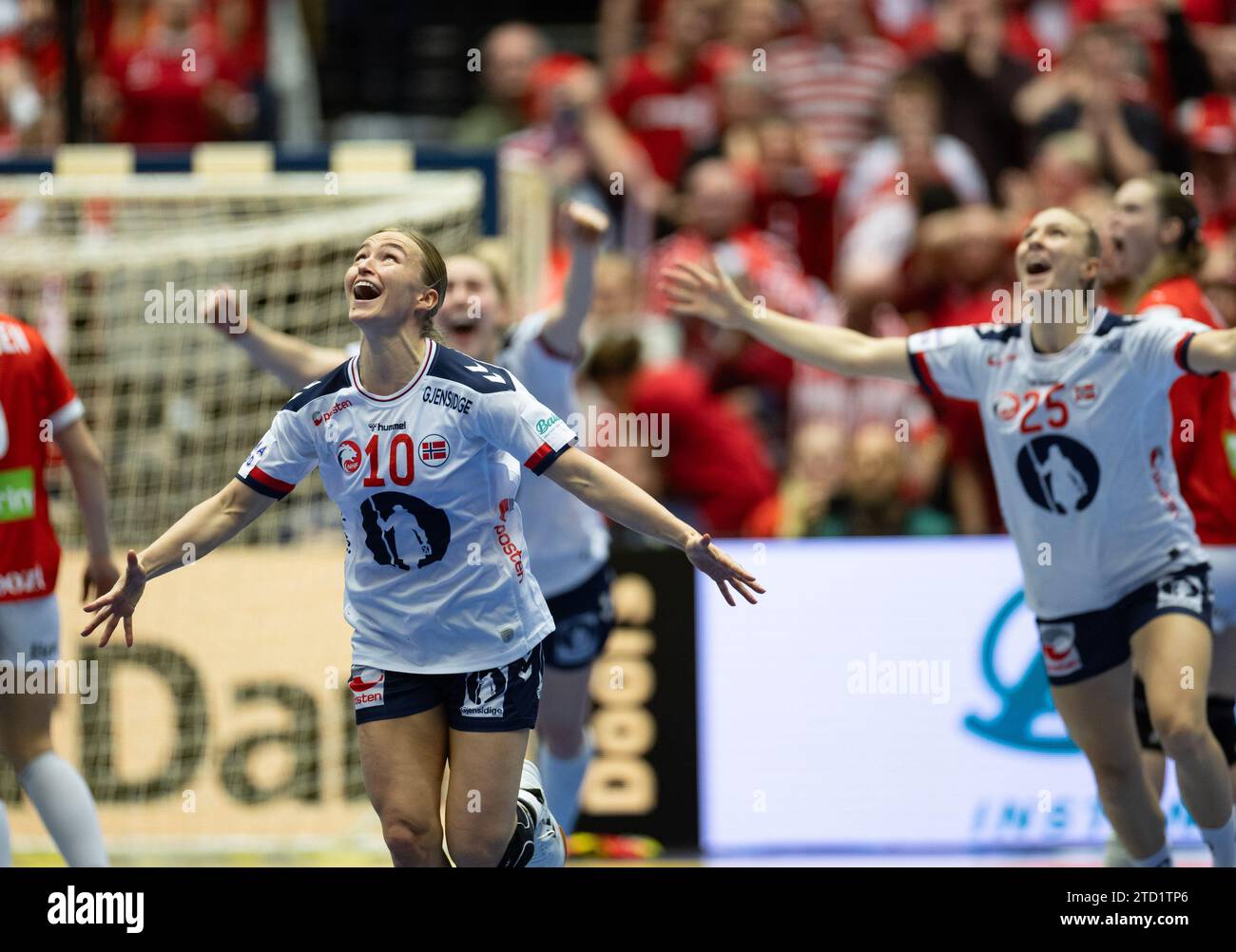 Herning, Denmark, December 15th 2023: Stine Bredal Oftedal (10 Norway)  celebrate after winning the IHF Womens World Championship 2023 semi final  game between Denmark and Norway at Jyske Bank Boxen in Herning,