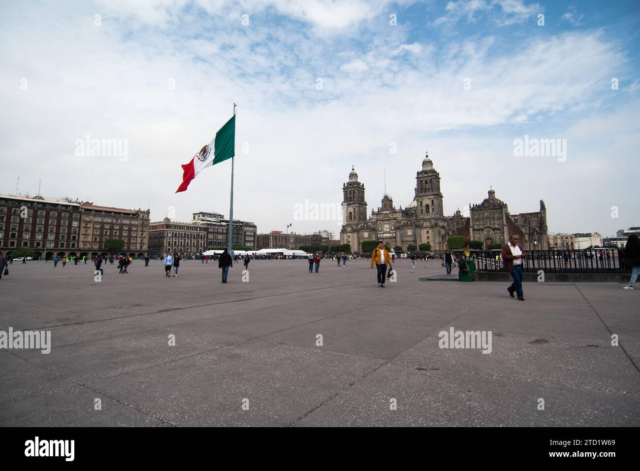 Mexican flag and Metropolitan Cathedral in Mexico City's Zocalo Stock Photo