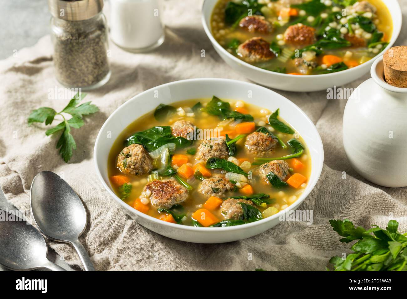 Hearty Homemade Italian Wedding Soup with Spinach and Meatballs Stock
