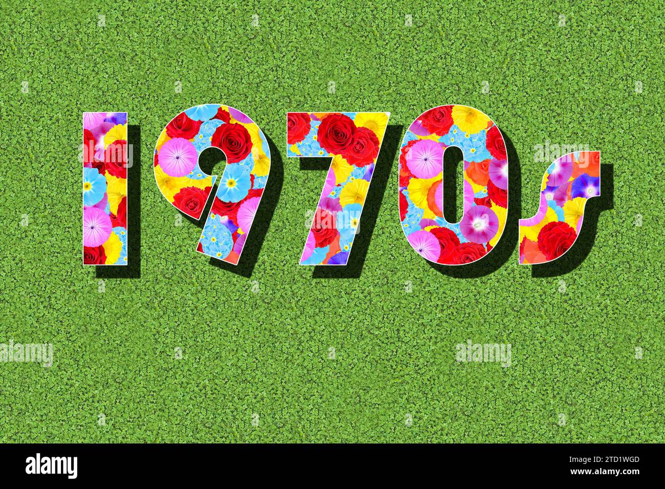 The Seventies, 1970s, 70s, written with colorful flowers on a green