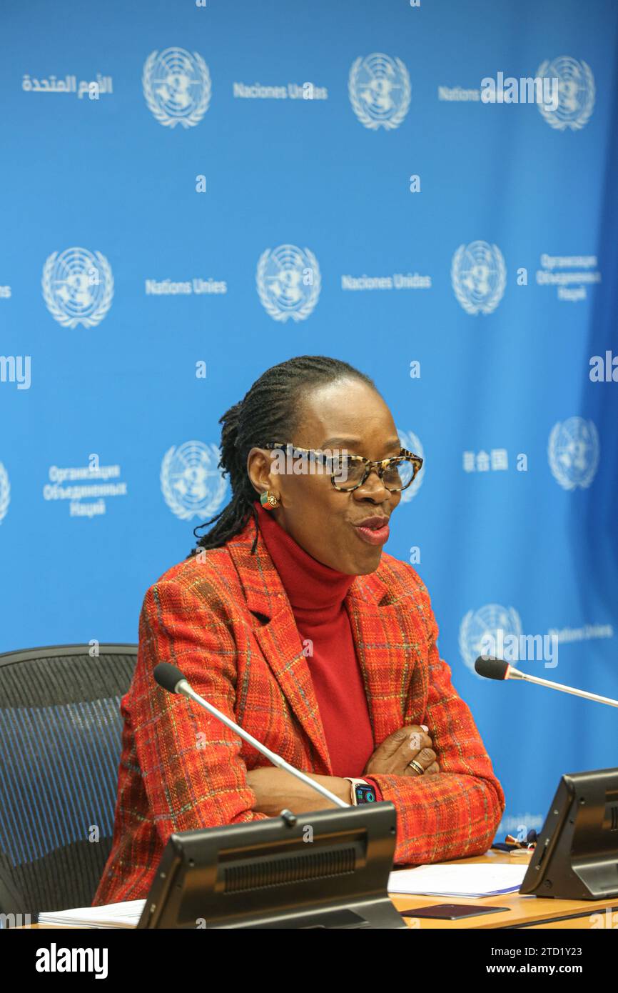 December 15, 2023, New York, New York, United States: UGOCHI DANIELS, Deputy Director General for Operations at IOM speaks to the press at UN HQ in observance of the upcoming International Migrants Day on December 18th. .Around the globe migration and refugees diaspora has increased due to national and political localized instability and upheaval however, economic and labor migration has increased exponentially in the past several years. .Though all countries have their specific crises, DANIELS expressed that all universal needs are really the same and that investments to build a stronger infr Stock Photo