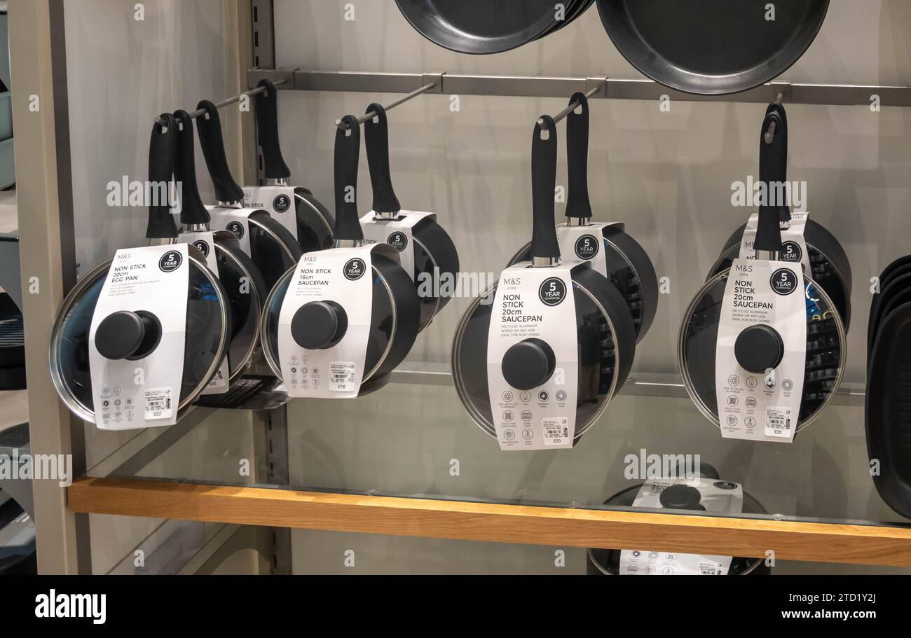 Cooking pots for sale at M&S Stock Photo Alamy