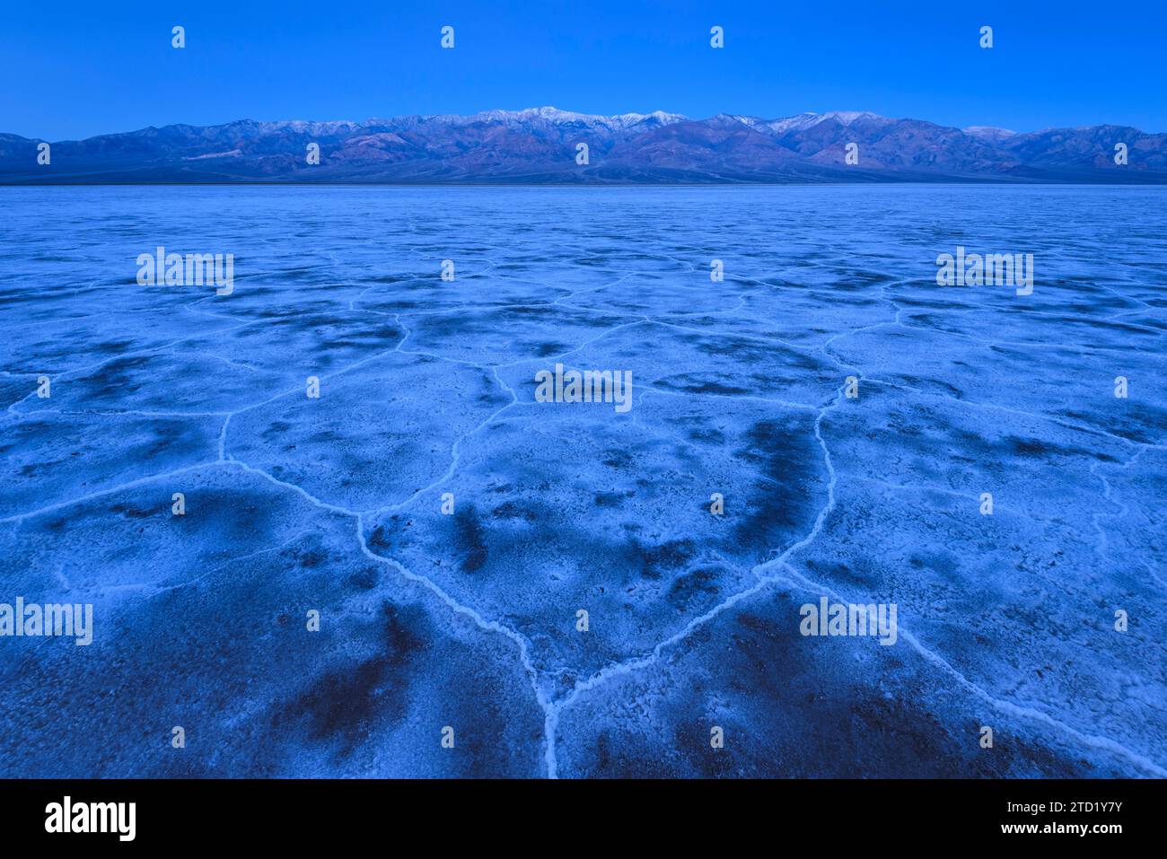 Salt formation polygons at Badwater Basin and the Panamint Mountains at dawn in Death Valley National Park, California. Stock Photo