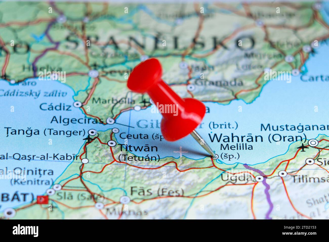 Melilla, Spain, Morocco pin on map Stock Photo
