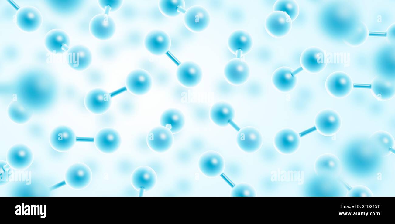 Green hydrogen energy. H2 gas molecules. Clean energy. Renewable energy source. Ecological. Blue color. 3d illustration. Stock Photo