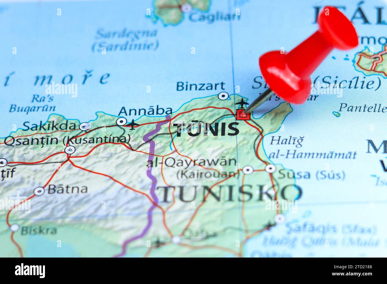 Tunis, Tunisia pin on map Stock Photo