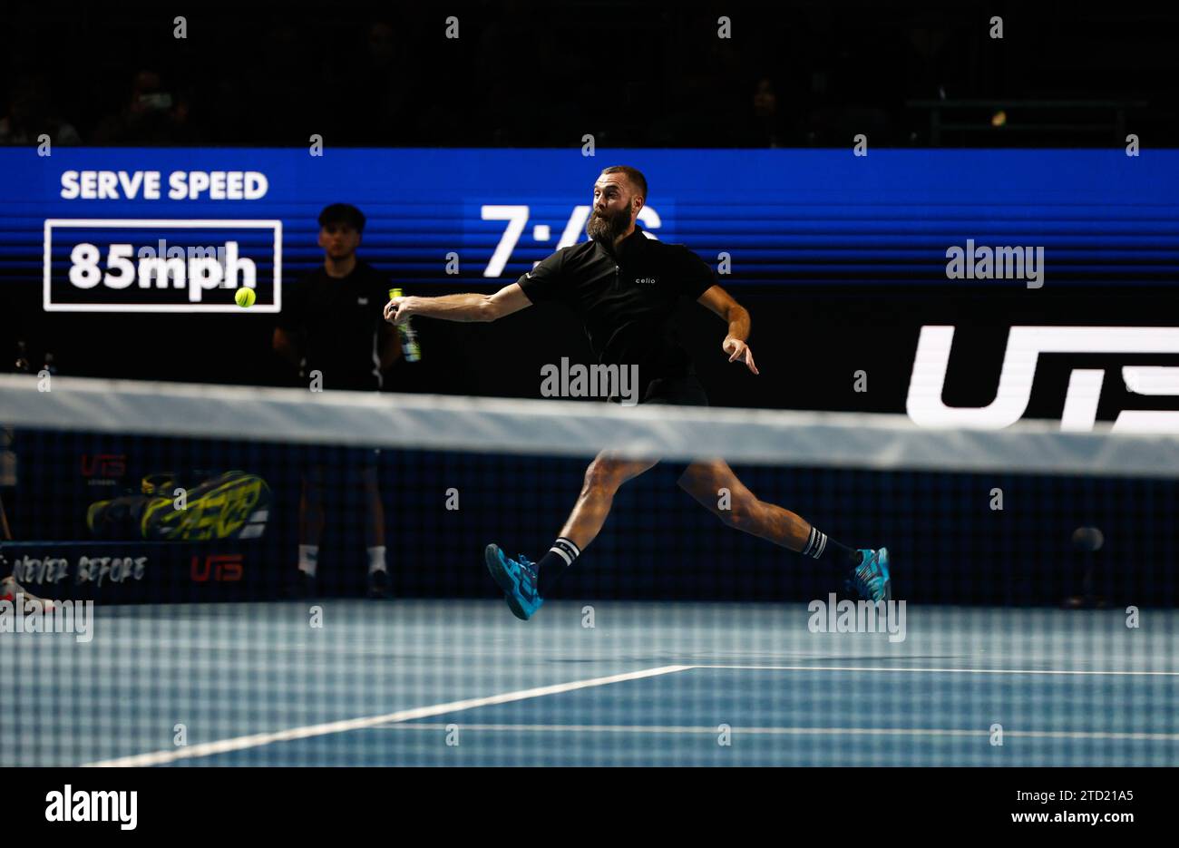 15th December 2023; ExCel Centre, Newham, London, England; Ultimate Tennis Showdown Grand Final Day 1; Benoit Paire (The Rebel) plays a forehand against Diego Schwartzman (EL Peque) Stock Photo