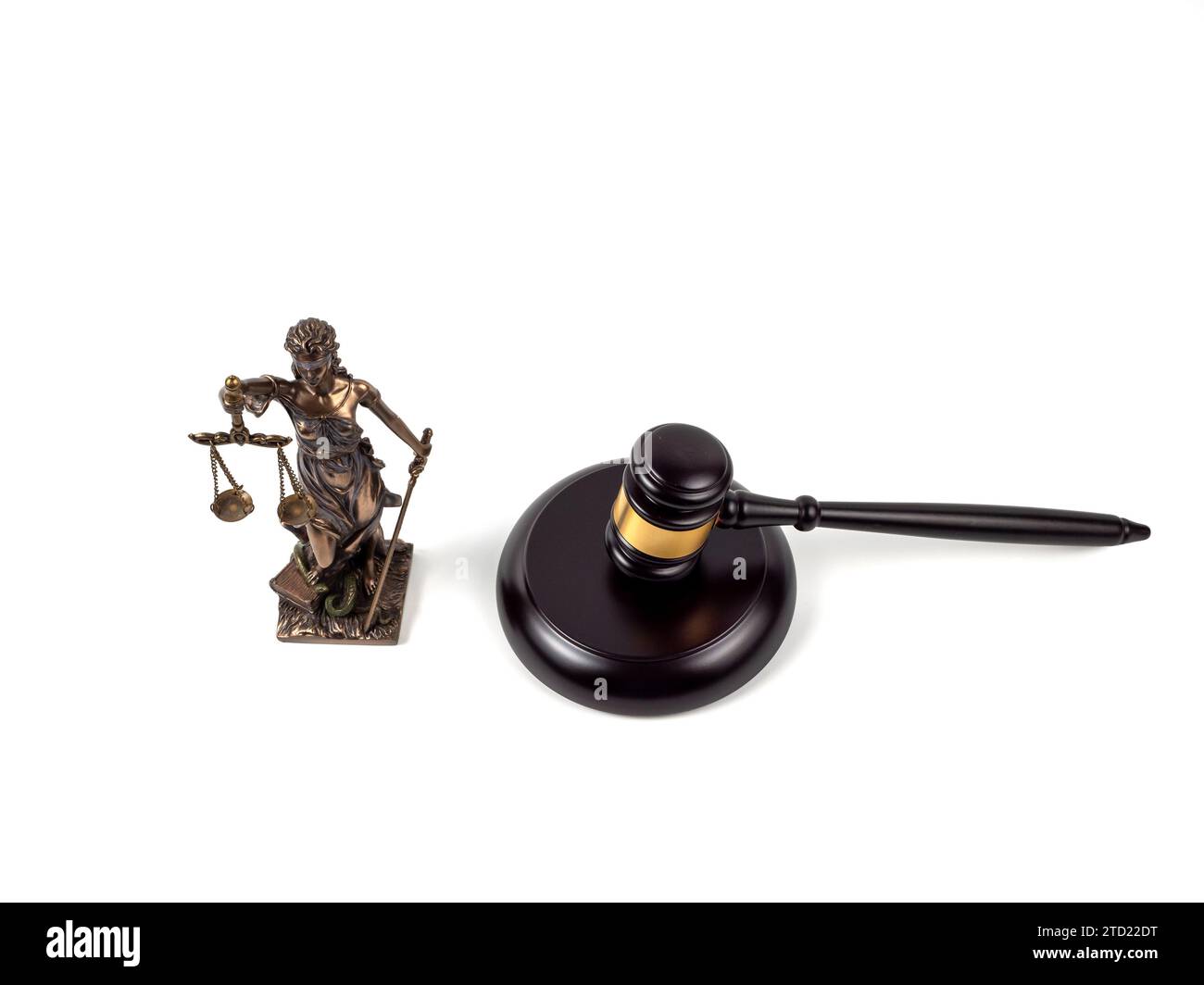 Bronze statue of Lady Justice and a judge's gavel on a white background
