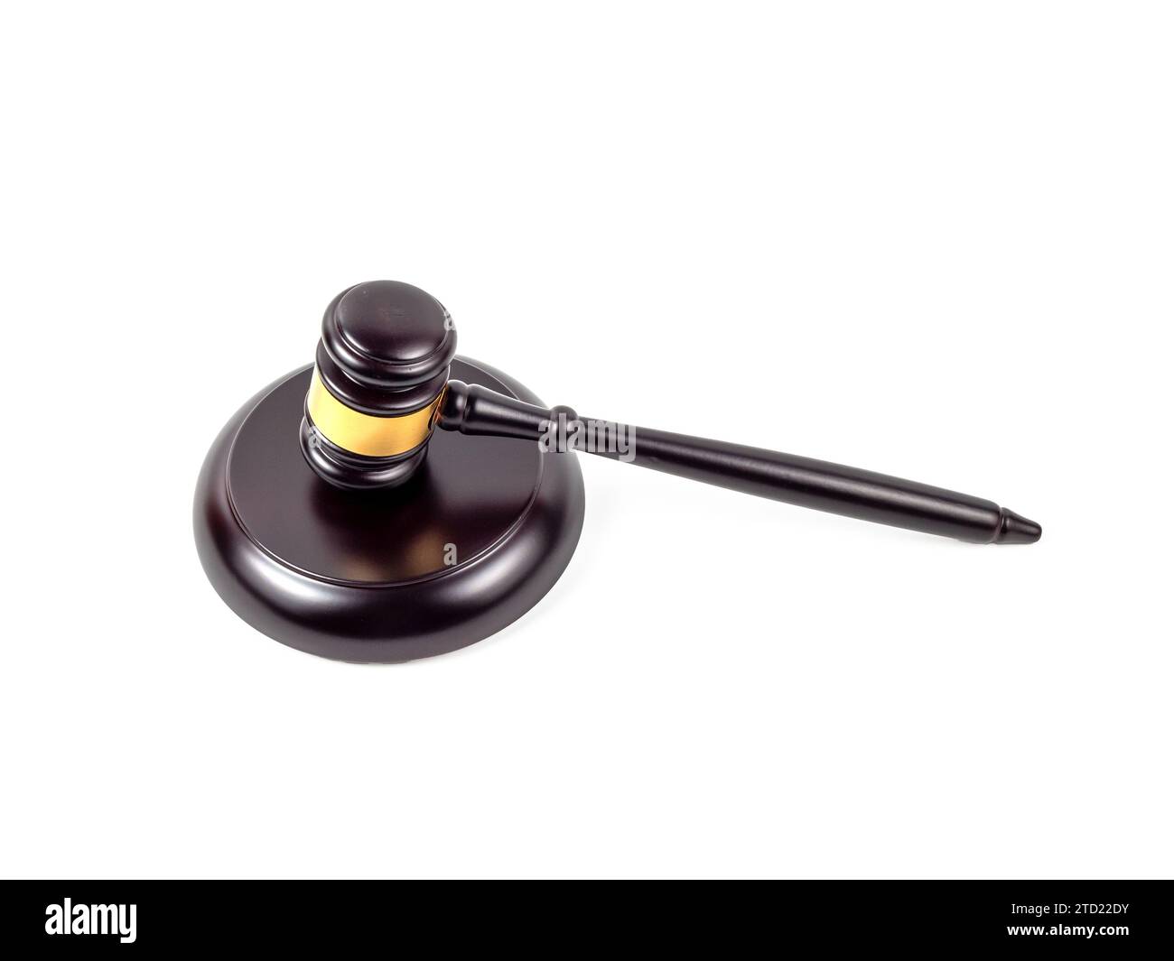 Judge's gavel for making a decision isolated on a white background. Auction hammer with wooden stand. The concept of law and justice. Stock Photo
