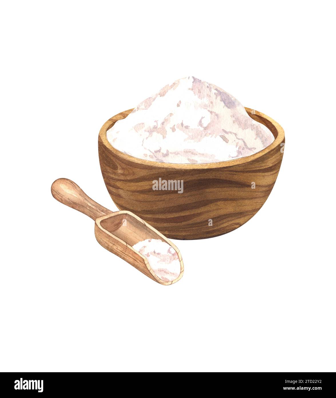 Wooden bowl with wheat flour, wooden scoop. Watercolor hand drawn