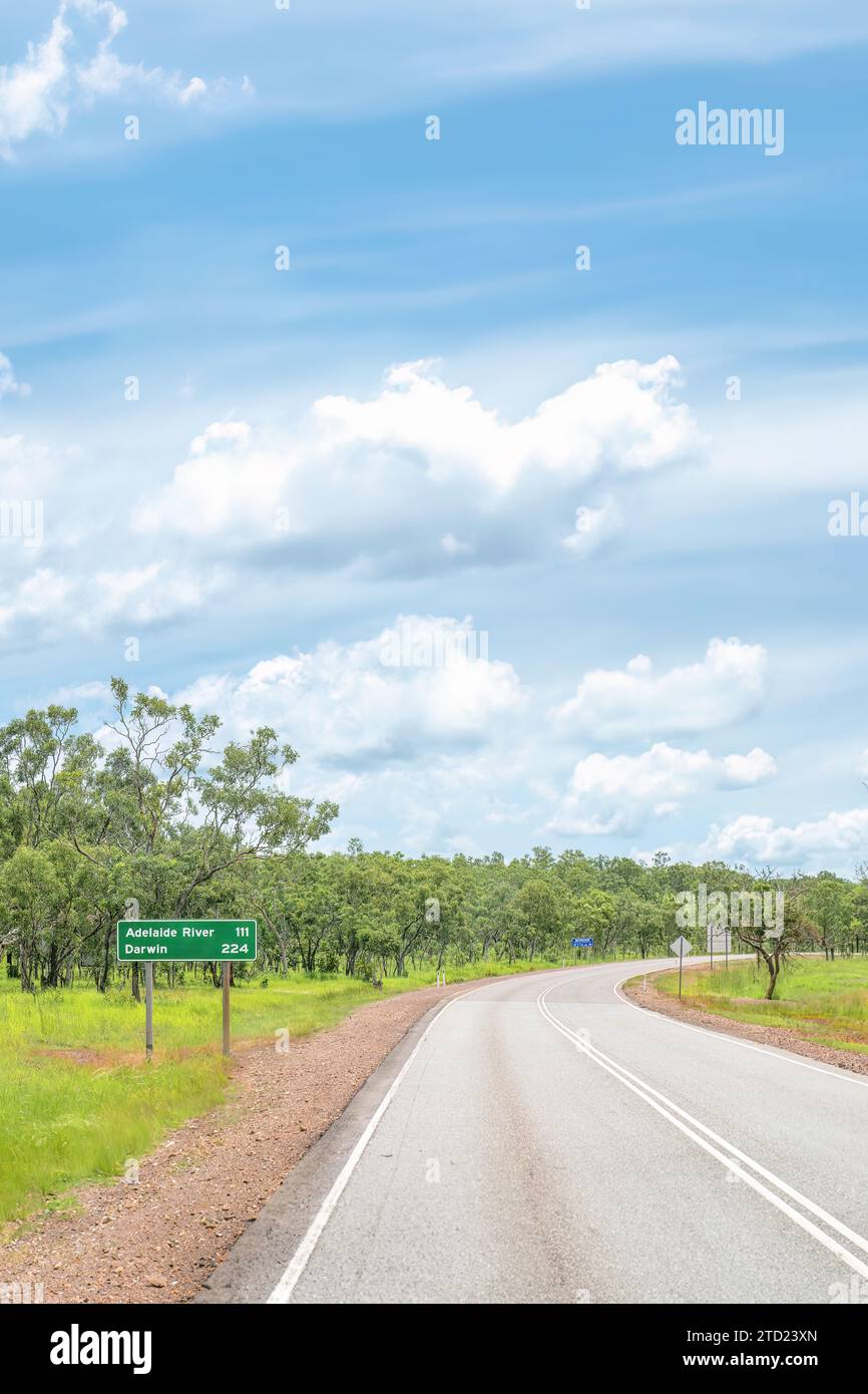 A road sign for Darwin and Adelaide River on the Stuart Highway in Australia's Northern Territory Stock Photo