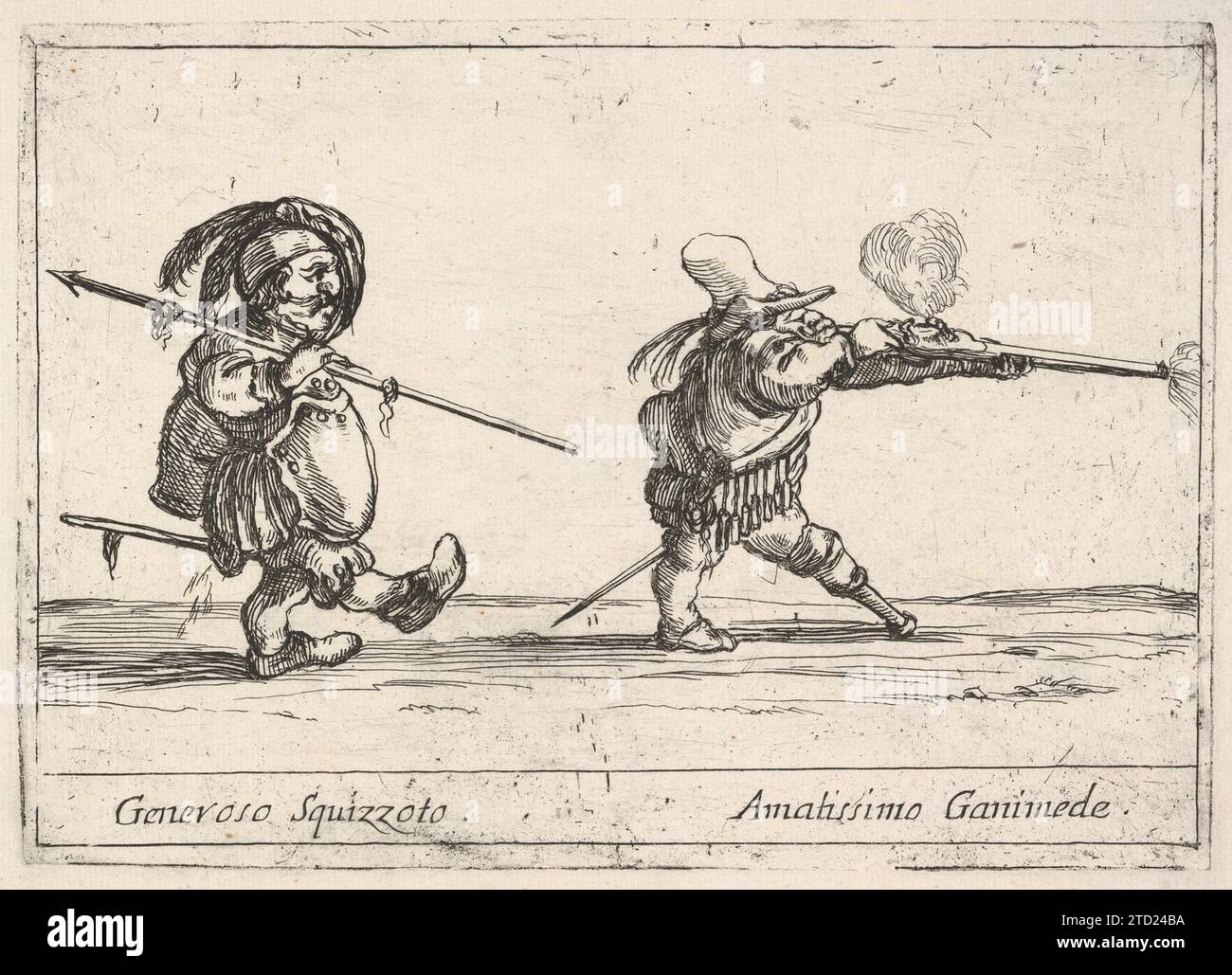 Callot figures; a dwarf man with a spear at left walking towards the right, another dwarf man with a pegleg firing a musket at right, 'Six grotesques' (Six pieces de figures grotesques) 2012 by Francois Collignon Stock Photo