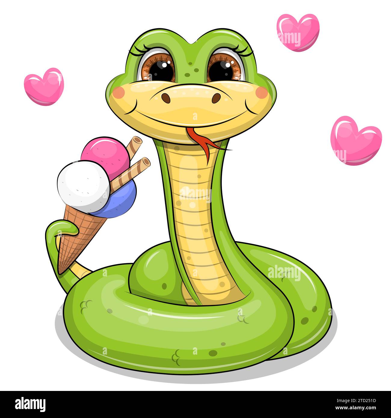 Cute cartoon green snake holding an ice cream. Vector illustration of an animal with pink hearts on a white background. Stock Vector