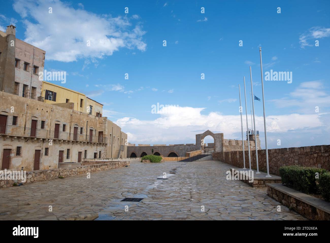 Firkas Fortress at harbor of the Old Town of Chania Crete, Greece. War museum, Revellino castle, venetian fort, paved street, travel destination. Stock Photo