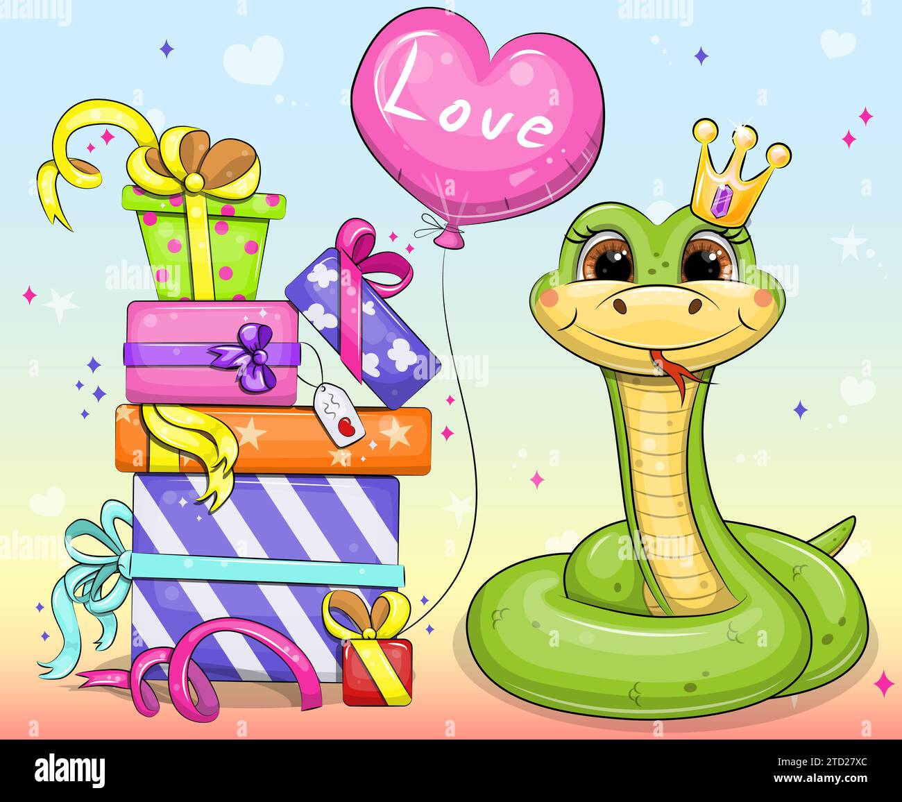 Cute cartoon green snake with gifts and balloon. Animal birthday vector illustration with a colorful background. Stock Vector