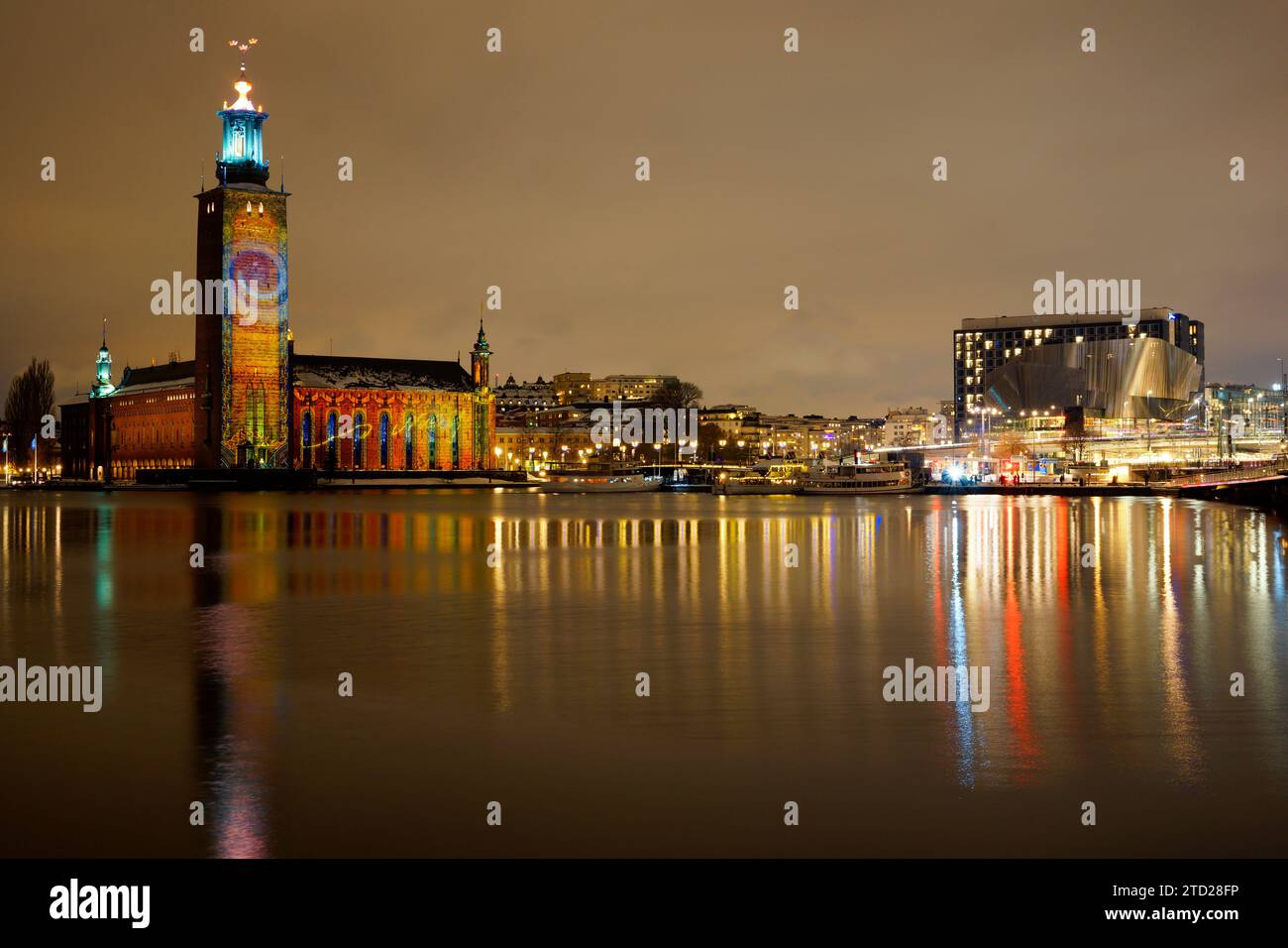 Light installation projected on Stockholm City Hall during December 2023 Stock Photo