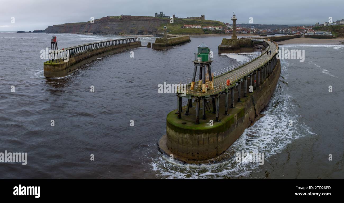 Whitby, North Yorkshire. Aerial View of the town and harbour featuring Whitby Abbey. Stock Photo