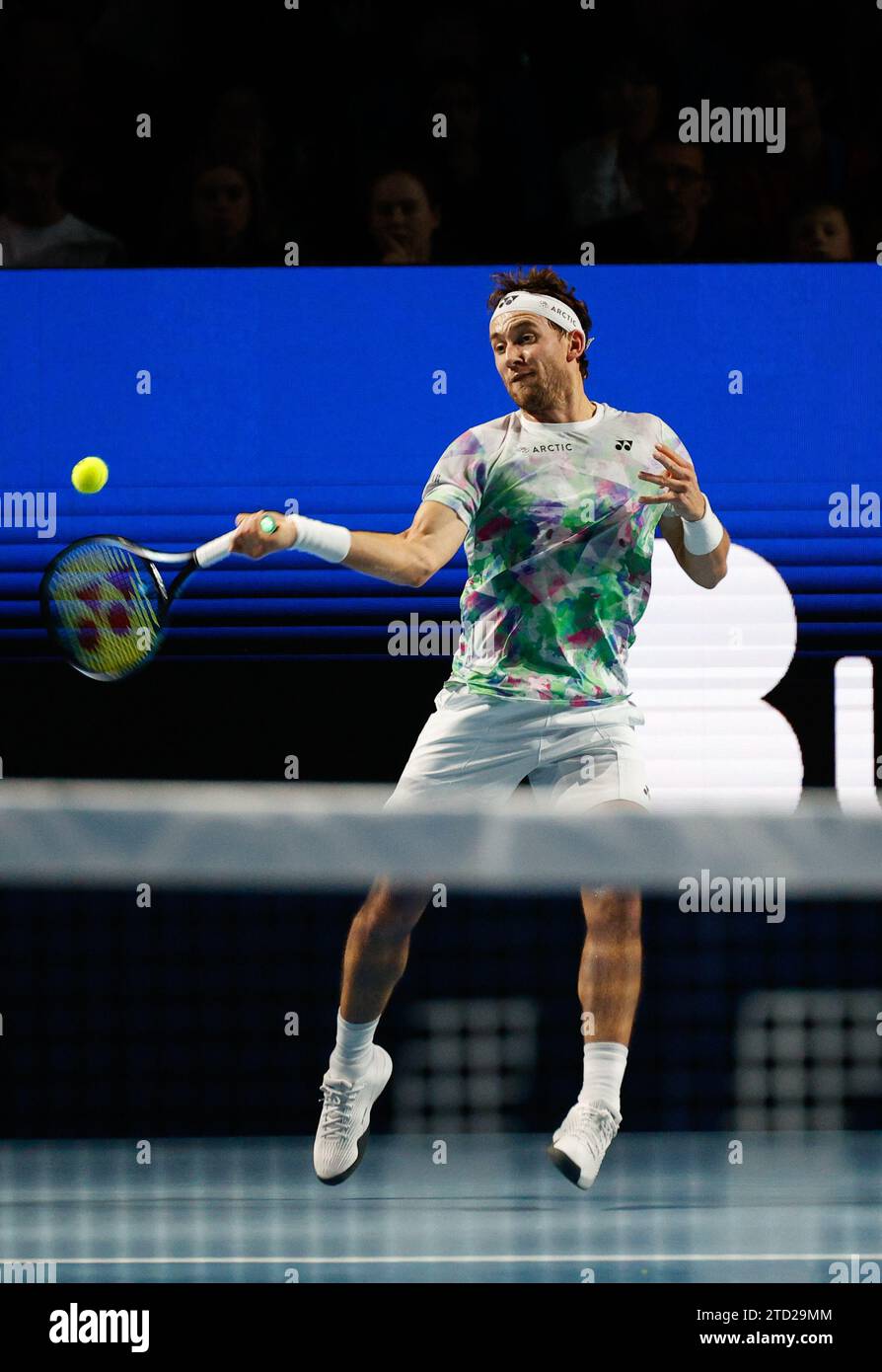 15th December 2023; ExCel Centre, Newham, London, England; Ultimate Tennis Showdown Grand Final Day 1; Casper Ruud (The Ice Man) plays a forehand against Andrey Rublev (Rublo) Stock Photo