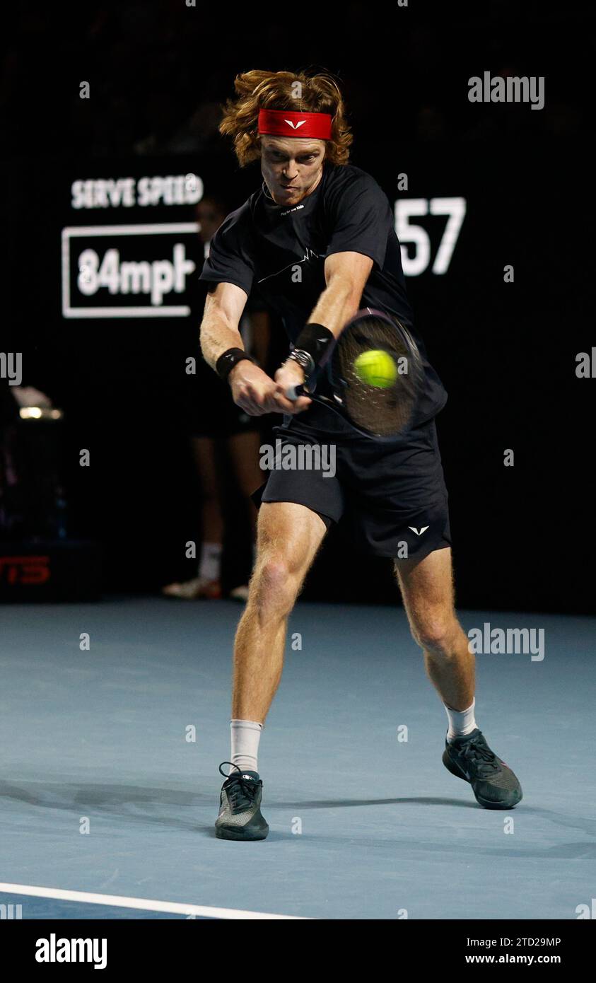 15th December 2023; ExCel Centre, Newham, London, England; Ultimate Tennis Showdown Grand Final Day 1; Andrey Rublev (Rublo) plays a backhand against Casper Ruud (The Ice Man) Stock Photo