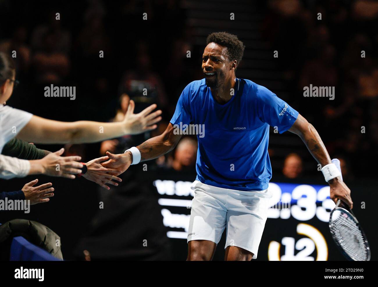 15th December 2023; ExCel Centre, Newham, London, England; Ultimate Tennis Showdown Grand Final Day 1; Gael Monfils (La Monf) interactives with fans during the match against Alexander Bublik (The Bublik Enemy) Stock Photo