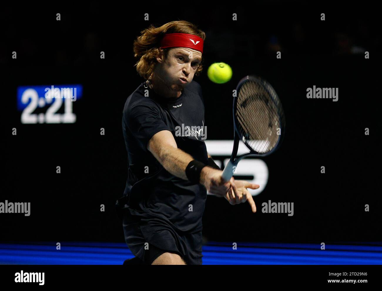 15th December 2023; ExCel Centre, Newham, London, England; Ultimate Tennis Showdown Grand Final Day 1; Andrey Rublev (Rublo) plays a backhand against Casper Ruud (The Ice Man) Stock Photo