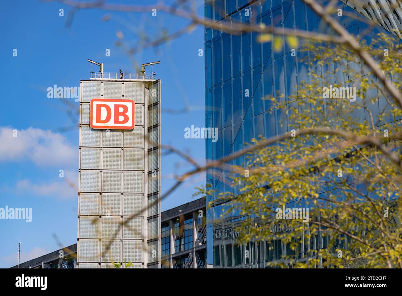 A picture of the Deutsche Bahn AG logo at the Berlin Central Station. Stock Photo