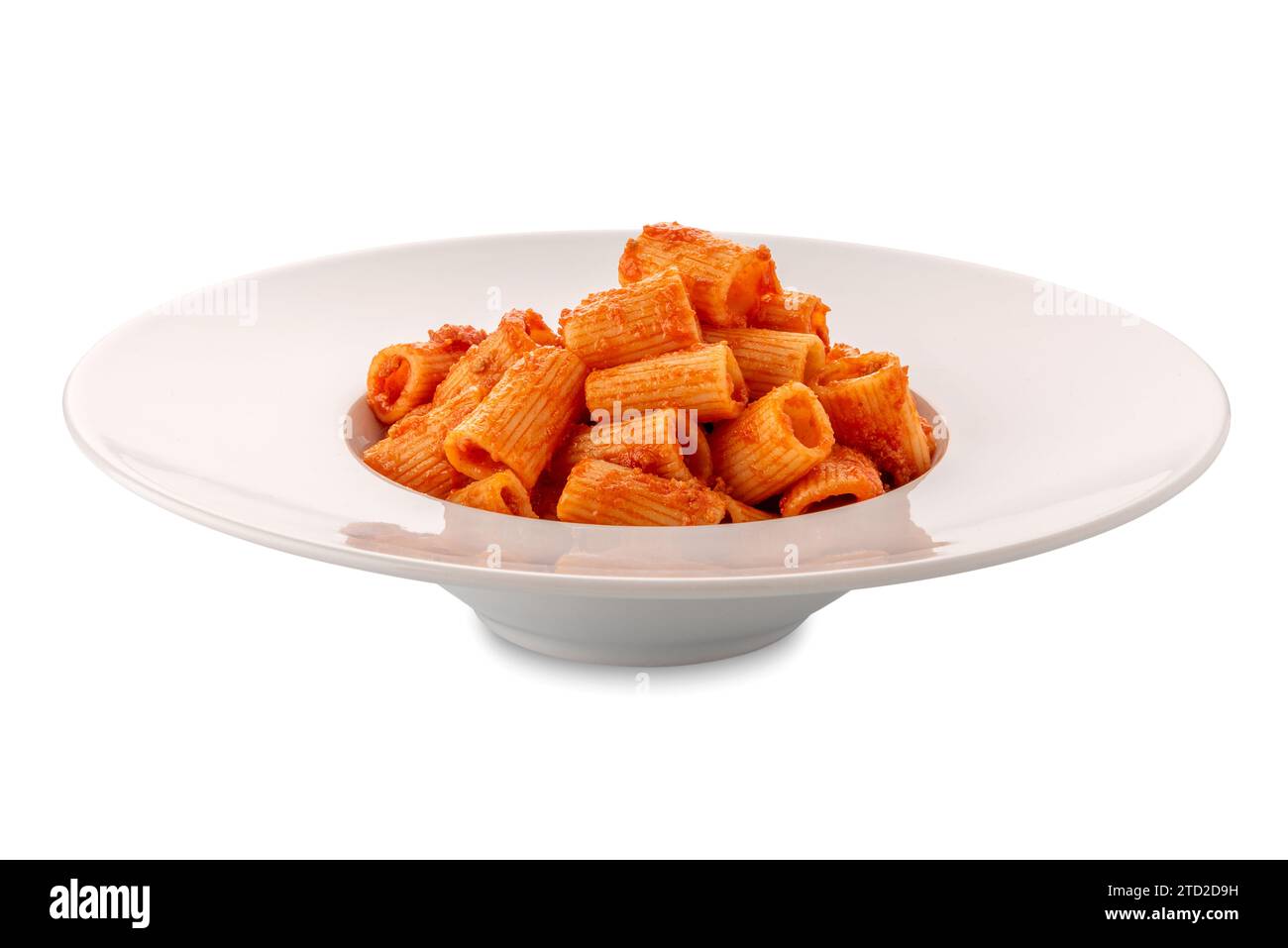 Macaroni mezze maniche pasta topped with tomato sauce ragout in white plate isolated on white with clipping path included Stock Photo
