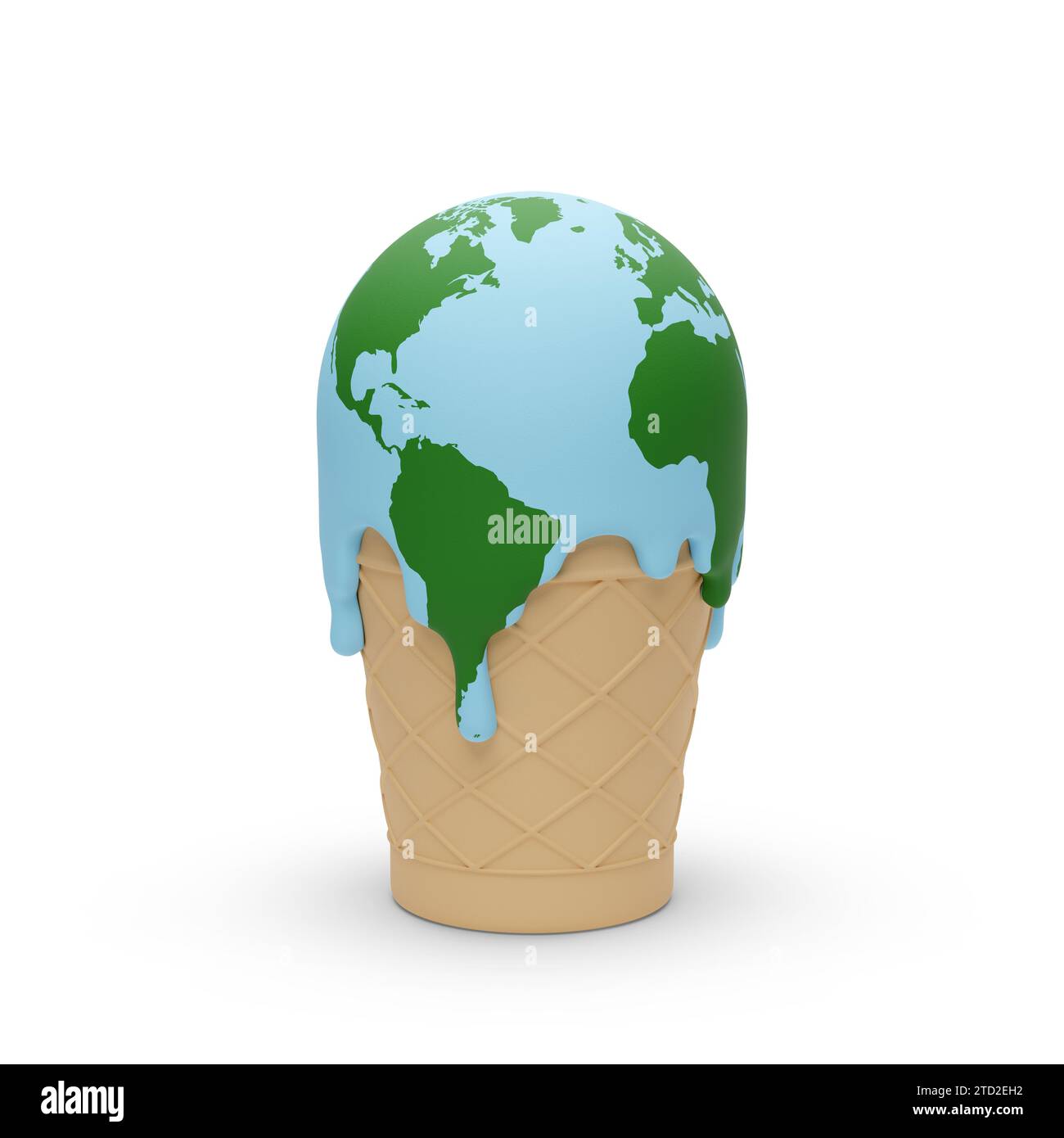 Ice cream melting in the shape of planet earth isolated on white background. Global warming concept. 3d illustration. Stock Photo