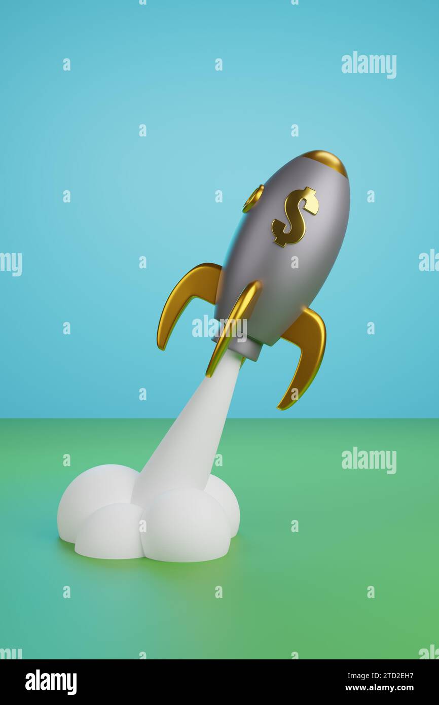 Cartoon spaceship taking off with dollar sign. 3d illustration Stock ...