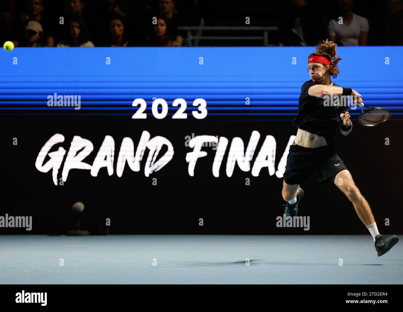 15th December 2023; ExCel Centre, Newham, London, England; Ultimate Tennis Showdown Grand Final Day 1; Andrey Rublev (Rublo) plays a forehand against Diego Schwartzman (EL Peque) Stock Photo