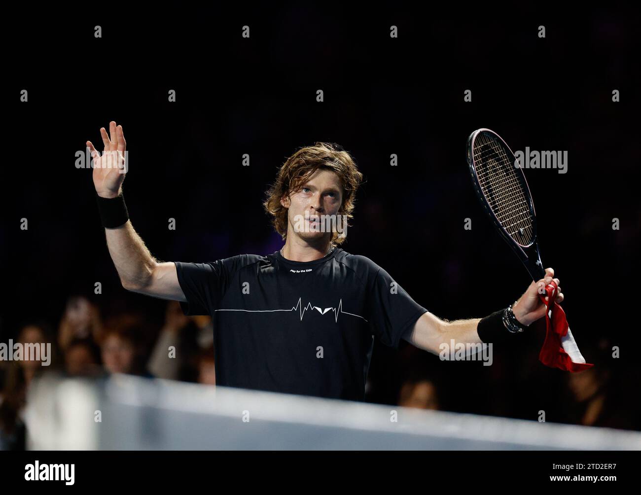 15th December 2023; ExCel Centre, Newham, London, England; Ultimate Tennis Showdown Grand Final Day 1; Andrey Rublev (Rublo) celebrates his victory after defeating  Diego Schwartzman (EL Peque) Stock Photo