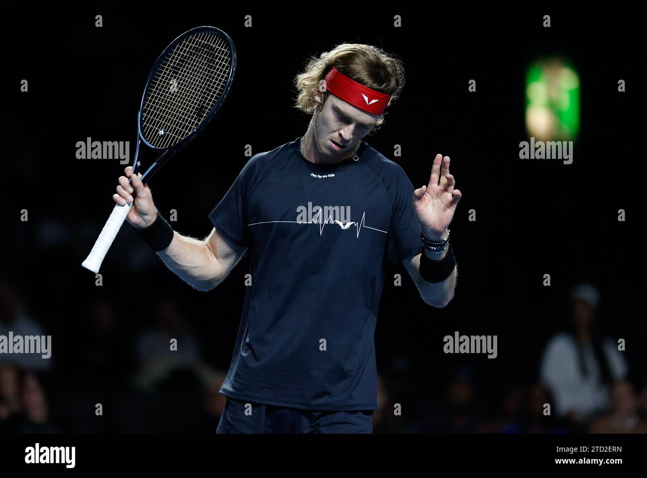 15th December 2023; ExCel Centre, Newham, London, England; Ultimate Tennis Showdown Grand Final Day 1; Andrey Rublev (Rublo) shows emotionin the match against Diego Schwartzman (EL Peque) Stock Photo