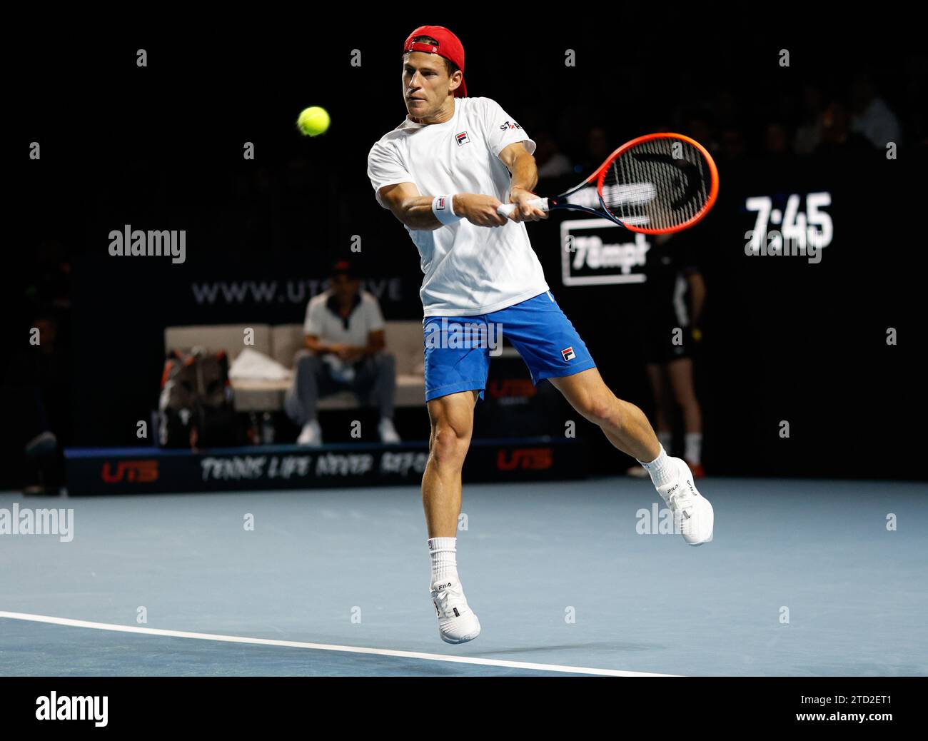 15th December 2023; ExCel Centre, Newham, London, England; Ultimate Tennis Showdown Grand Final Day 1; Diego Schwartzman (EL Peque) plays a backhand against Andrey Rublev (Rublo) Stock Photo
