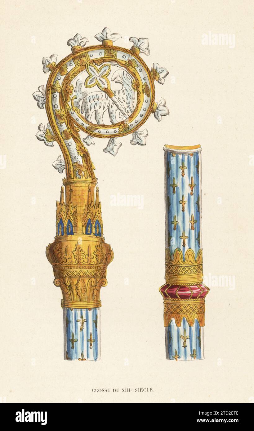 Bishop's ornate crozier or crook, 13th century. With carved rock crystal and gold head, azure baton with gold fleurs-de-lys and rings of red jasper. Crosse pastorale du XIIIe Siecle. Handcoloured woodcut engraving from Jacques Joseph van Beveren’s Costume du Moyen Age, Medieval Costume, Librairie Historique-Artistique, Brussels, 1847. Stock Photo