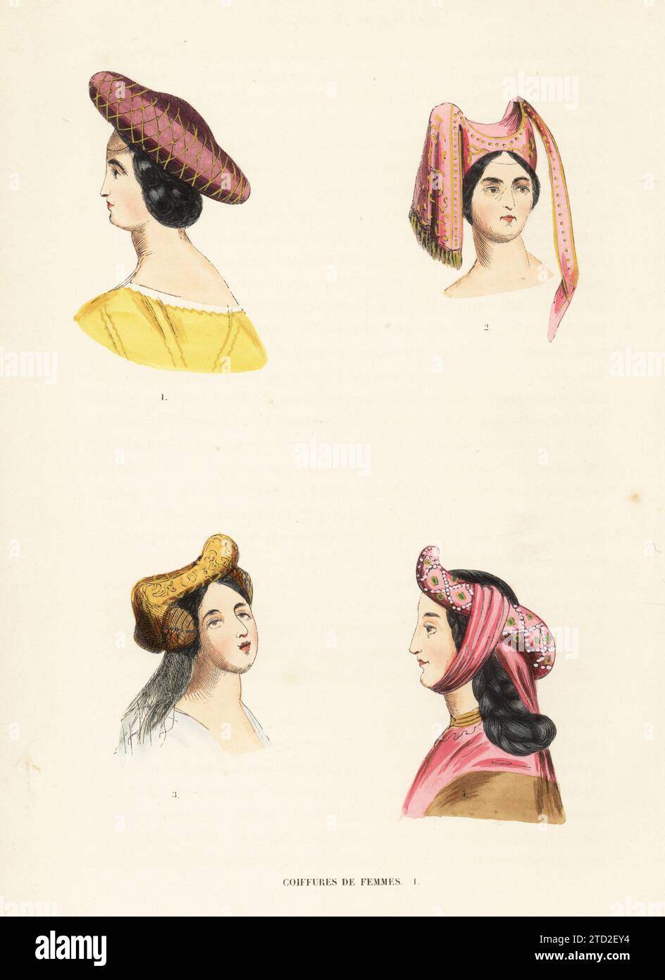 Italian woman in turban or bourrelet in gold net 1, bonnet from a painting by Andrea Vanni 2,  gold turban from a manuscript Offices de la Sainte-Vierge 3, and woman in jeweled bourrelet with her hair tied in a kerchief 4. Coiffures de femmes. Handcoloured woodcut engraving from Jacques Joseph van Beveren’s Costume du Moyen Age, Medieval Costume, Librairie Historique-Artistique, Brussels, 1847. Stock Photo