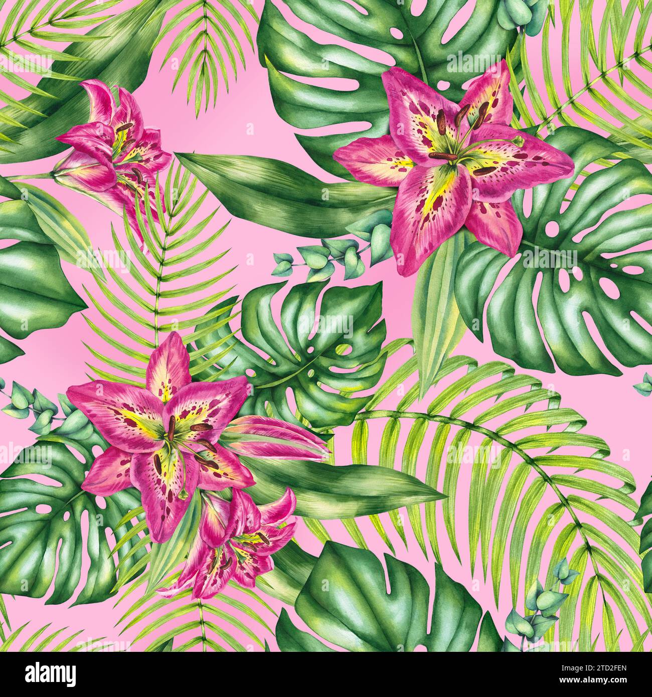 Watercolor tropical bouquet pattern. Tropical leaves and lilies bouquet pattern. Hand drawn plants for the design of cards, bouquets, textiles, fabric Stock Photo